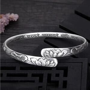Sterling Silver Lotus Mantra Bangle Bracelet